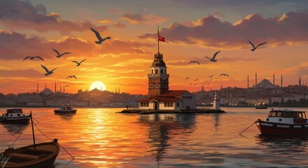 Obraz premium Maiden's Tower Sunset: The iconic Maiden's Tower stands majestically against a breathtaking sunset, painted across the Bosphorus strait, surrounded by boats and flying birds.