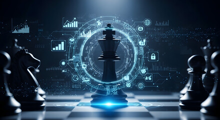 Strategic chess king with glowing digital data overlay ready for a dynamic business planning concept