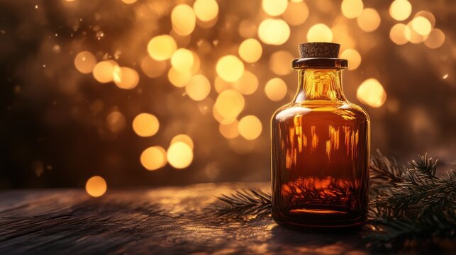 Illuminated elixir vial amidst pine sprigs and soft golden bokeh luminescence