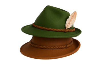 Stacked traditional Tyrolean hats in green and brown colors