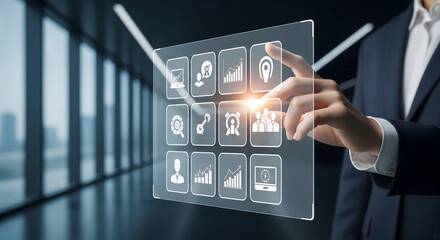 Professional taps dashboard for data insights, unlocking team collaboration in modern office space