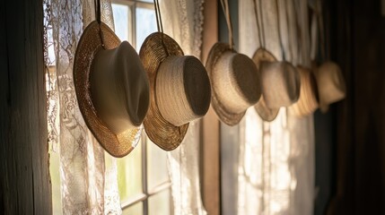 Rustic charm collection of straw hats hanging in a sunlit window evocative of simpler days