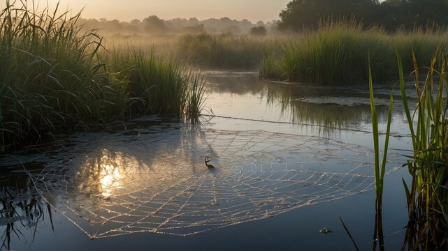 Serene morning at a misty wetland with a bird perched on a spider web glistening in the sunlight