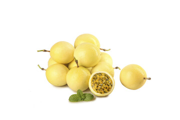 Golden Passion Fruit from Hainan China with Seeds Visible on White Background