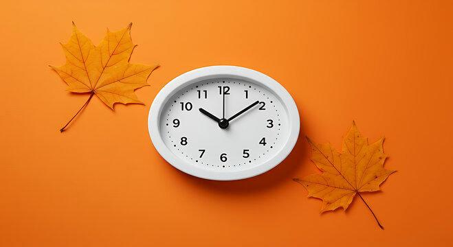 White analog alarm clock with autumn leaves on an orange background symbolizing the passage of time