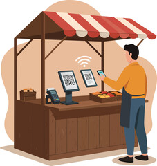 Vendor using smartphone for contactless payment at market stall.