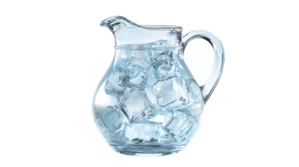 Realistic glass pitcher, filled with cold water and ice cubes, glossy highlights, elegant design, isolated on solid white background