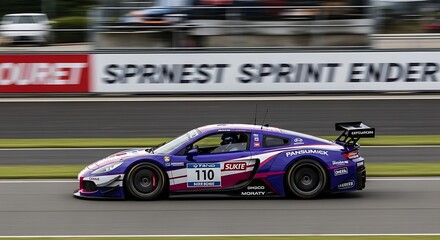 Fototapeta premium A vibrant purple racing car zooms across a racetrack, showcasing its sleek design and dynamic motion.