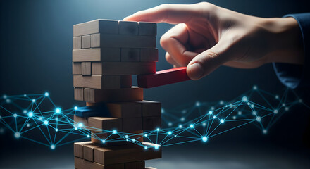 Strategic move removing block from unstable tower symbolizes risk and critical business decision