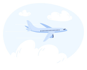 Passenger plane flies in sky among clouds. Airliner makes flight. Transportation by air. Aircraft fuselage. Aviation travel trip. Airplane journey. Cumulus cloudscape. Vector concept