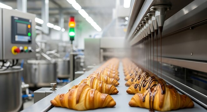 Bread production manufacturing with baking ovens and cooling conveyor