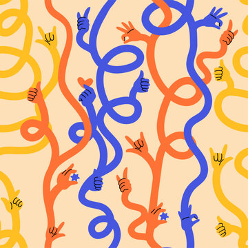 Multicolored human hands with different gestures holding heart and star seamless pattern. Repeated print. Flexible long arms weaving and twisting. Elastic limbs spirals. Vector background