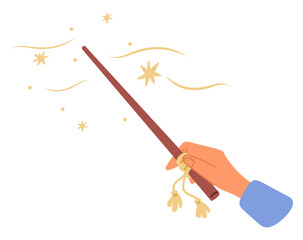 Hand waving magic wand. Magical ritual or incantation. Wizard making spell. Arm holding fairy stick. Magician miracle. Fairytale witch. Illusionist trick. Sorcerer gesture. Vector concept