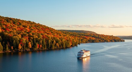 Serene Autumn Landscape with Cruise Boat on Calm Water and Colorful Foliage in the Background