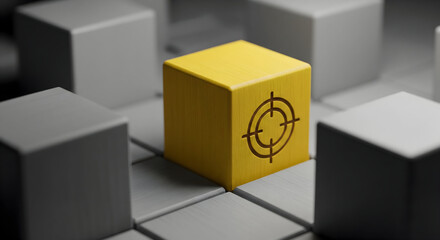 Stand out with focused purpose, a bright yellow cube with target symbol amidst grey blocks.