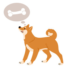 Dog dreams of tasty bone. Pet wants to eat. Domestic animal thinking. Hungry mammal imagining food. Daydream about treats. Cookie for puppy. Hungry homeless. Idea bubble. Vector concept