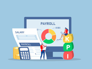 Businessman standing with online payroll computer.online income calculate and automatic payment,with kpi or Key Performance Indicator Salary payroll system, vector