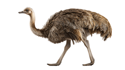 Realistic male ostrich walking, glossy feathers, long legs shown, isolated clean on white background