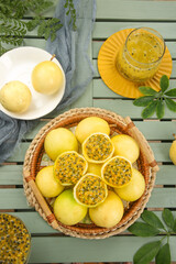 Fresh Golden Passion Fruit from Hainan Fujian China with Tropical Juice in Wicker Basket