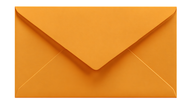 Realistic orange paper envelope, glossy finish, sharp folds, elegant design, isolated on solid white background