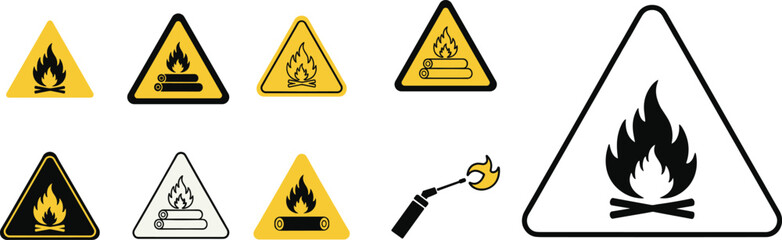 Fire hazard and flame safety icons, burn warning signs, flammable material symbols, industrial caution labels, fire safety alert vector illustrations