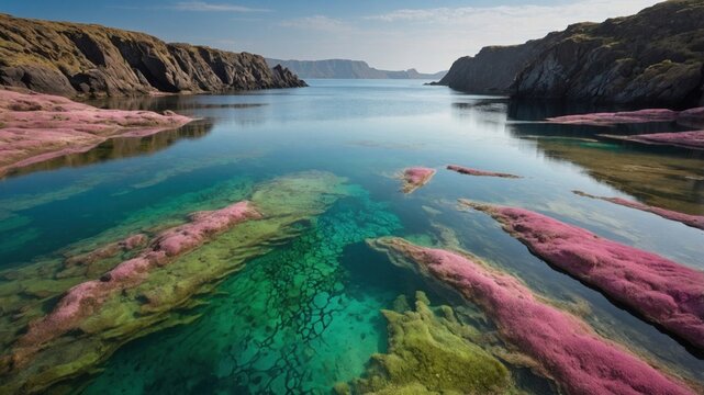 Serene coastal landscape with vibrant underwater flora and rocky cliffs under a clear blue sky