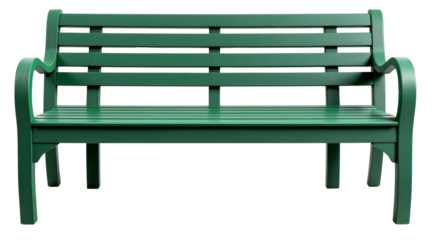 Green Wooden Garden Bench with Slatted Back and Arms on Transparent Background