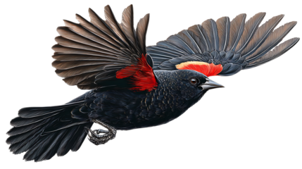 Realistic redwinged blackbird hovering, detailed feathers, red contrasting black, isolated white background