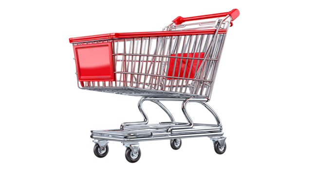 Realistic red and silver shopping cart, glossy metallic texture, detailed design, isolated clean on solid white background