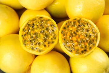 Fresh Golden Passion Fruit from Hainan Fujian China Tropical Exotic Fruit Display with Juicy Pulp and Seeds