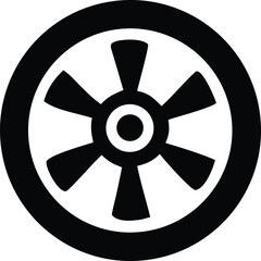 Abstract black and white circular symbol with five spokes radiating from a central hub a modern geometric design element