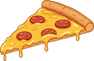 Cartoon pepperoni pizza slice with melted cheese, delicious fast food vector illustration, cheesy pizza art, junk food, snack concept