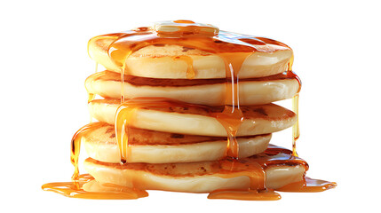 Realistic stack of pancakes, fluffy layers, glossy syrup, elegant food shot on solid white background