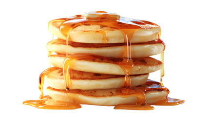 Realistic stack of pancakes, fluffy layers, glossy syrup, elegant food shot on solid white background