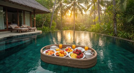 Tropical Poolside Breakfast Setting with Fresh Fruits and Relaxing Ambiance in Nature