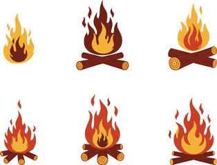 Vector Campfire Icons Set – Burning Flame and Log Graphics for Camping, Bonfire, Fire Safety, Outdoor Adventure, and Warmth Illustration Use