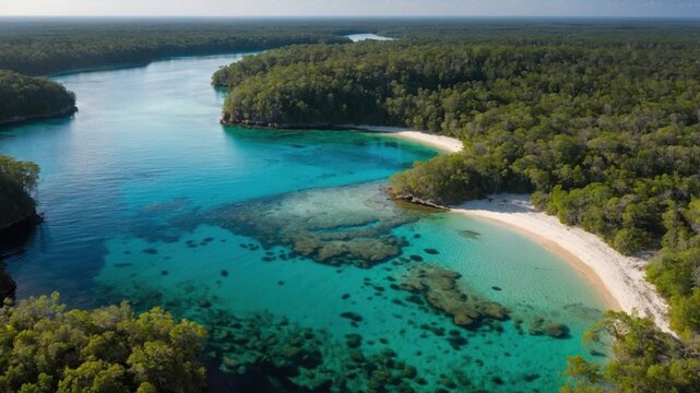 Aerial view of a serene turquoise river winding through lush green forests with sandy beaches