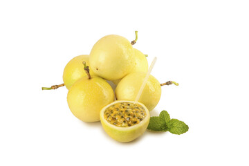 Fresh Golden Passion Fruit with Mint on White Background