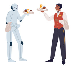 Robot waiter and male waiter holding tray of drinks and pastries. Robot versus human in restaurant business. Food serving staff. Artificial intelligence. Catering service. Vector concept