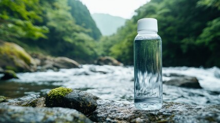 Pristine water bottle stands against lush greenery and a flowing mountain river