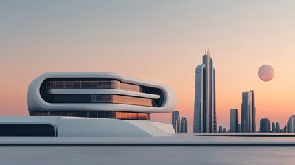 A futuristic building design against a sunset skyline, featuring smooth curves and modern architecture alongside tall skyscrapers.