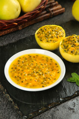 Fresh Golden Passion Fruit Pulp Bowl Hainan Tropical Fruit Healthy Organic Food Photography