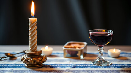 Havdalah ceremony in progress, with a braided candle, spice box, and wine cup, capturing the ritual's essence with copy space