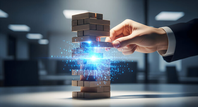 Business strategist carefully removes wooden block from unstable tower amidst digital data flow
