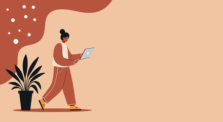 Stylish person walking and working on a laptop, symbolizing remote work, productivity, and modern business lifestyle in a minimalist setting.