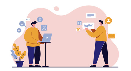 Two men collaborating digitally with laptops and data, exchanging messages and analyzing information for business, communication, and technology concepts.