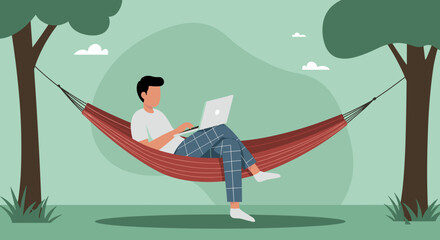 Man working remotely on a laptop while relaxing in a hammock outdoors, showcasing flexible work-life balance and digital nomad lifestyle.