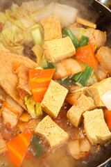 Homemade Vegetable Tofu Stew with Cabbage and Carrots Cooking in Pot