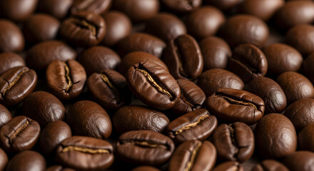 Obraz premium Close-up of roasted coffee beans showing texture and rich brown colors, perfect for a coffee shop or cafe background.