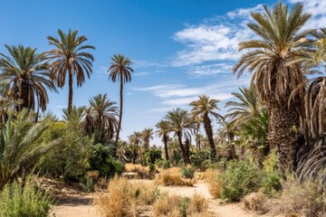 Oasis landscape with tall palm trees, sandy path, and blue sky
